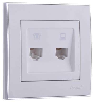 Розетка компьютерная + телефонная 2-м СП Rain RJ45 + RJ11 с хром. боковой вставкой бел. LEZARD 703-0225-143