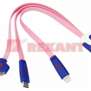 Кабель USB Lightning/30pin/micro USB/PVC/flat/pink/0.15m 3 в 1 Rexant 18-4251