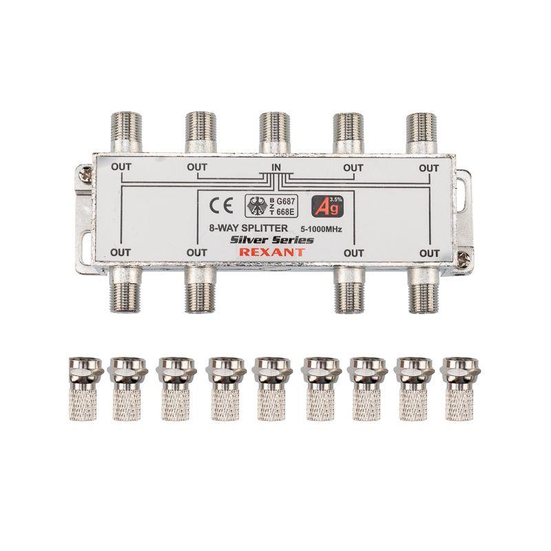Делитель ТВх8 + 9шт F 5-1000 МГц (Silver) box(уп.5шт) Rexant 05-6105