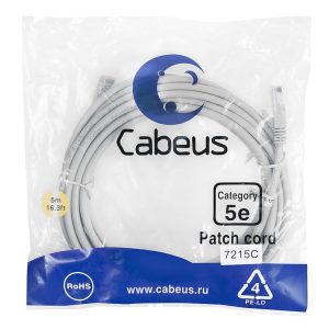 Патч-корд U/UTP PC-UTP-RJ45-Cat.5e-5m 2xRJ45/8p8c кат.5E неэкранир. PVC 5м сер. Cabeus 7215c