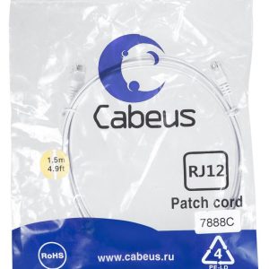 Патч-корд телефонный PC-TEL-RJ12-1.5m 2х6р4с PVC 1.5м бел. Cabeus 7888c