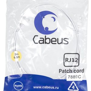 Патч-корд телефонный PC-TEL-RJ12-2m 2х6р4с PVC 2м бел. Cabeus 7889c