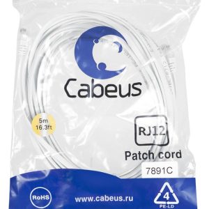 Патч-корд телефонный PC-TEL-RJ12-5m 2х6р4с PVC 5м бел. Cabeus 7891c