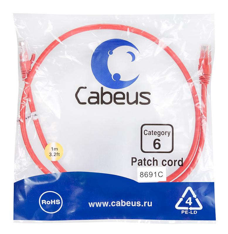 Патч-корд U/UTP кат.6 PC-UTP-RJ45-Cat.6-1m-RD 2xRJ45/8p8c неэкранир. PVC 1м красн. Cabeus 8691c